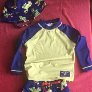 Janie & Jack swim set: Trunks, rash guard, hat.